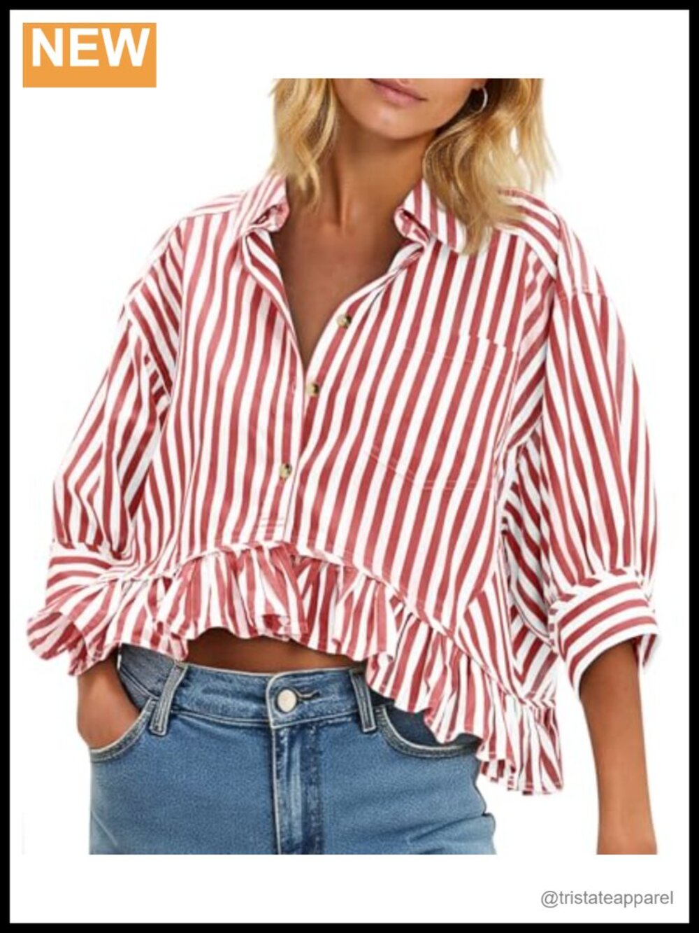 Women's Cropped Striped Ruffle Button Down Shirt 3/4 Sleeve Top